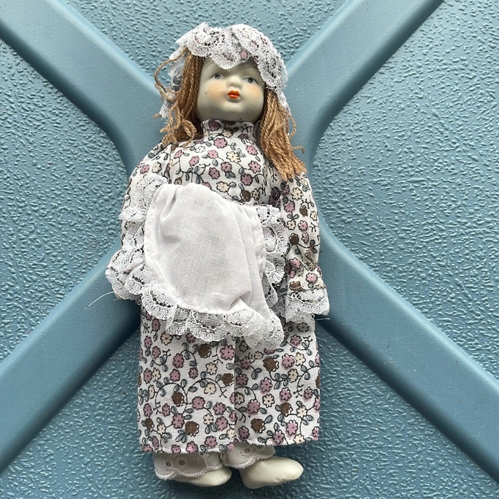 Vintage Christmas ornament made of  porcelan/ fabric, new 7” tall